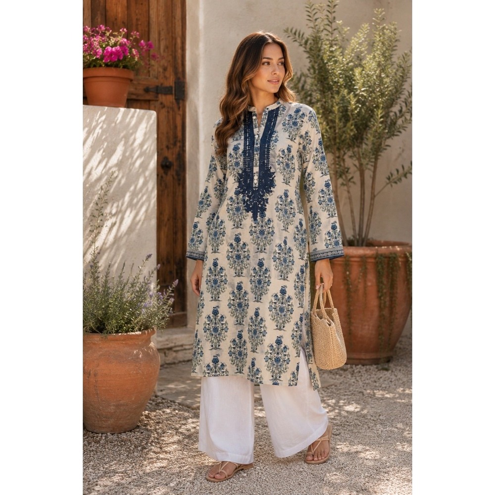Khaadi 100% Cotton Embroidered Floral Tunic Kurta Pakistan Size 12 Blue White